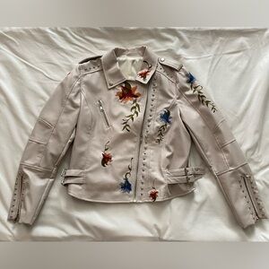 Faux Leather Embroidered Floral Beige Jacket with studs